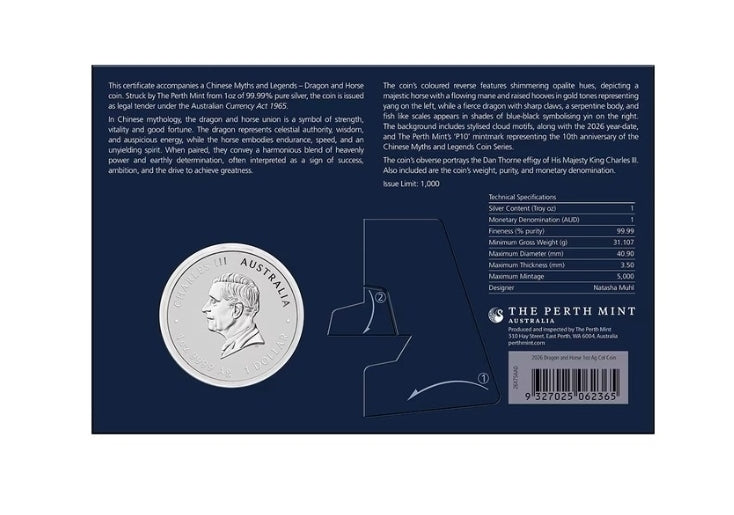 Dragon and Horse Myths and Legends Farbe im Blister Silbermünze 1 oz 2026 Perth Mint