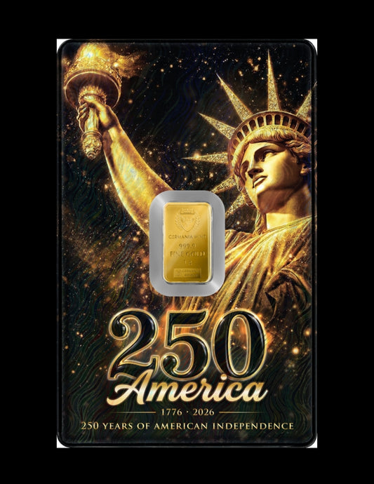 Goldbarren 1 Gramm Germania Mint im Blister 2026 - 250 Jahre USA Unabhängigkeit **