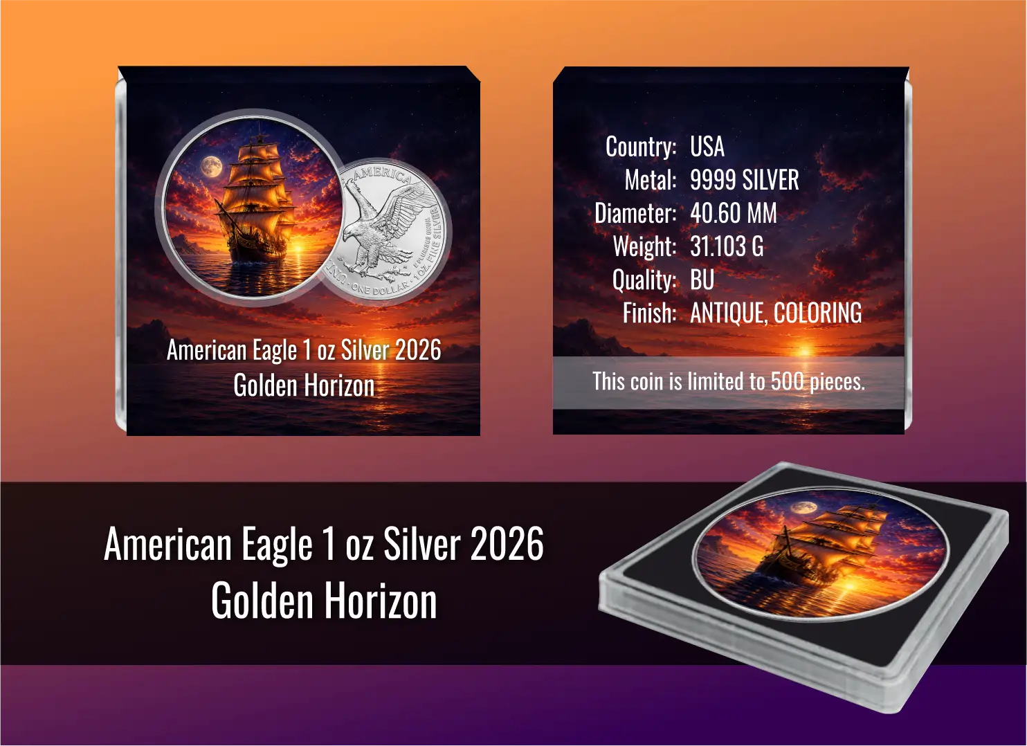 American Eagle 1 oz Silber 2025 Master of the seas Golden Horizon
