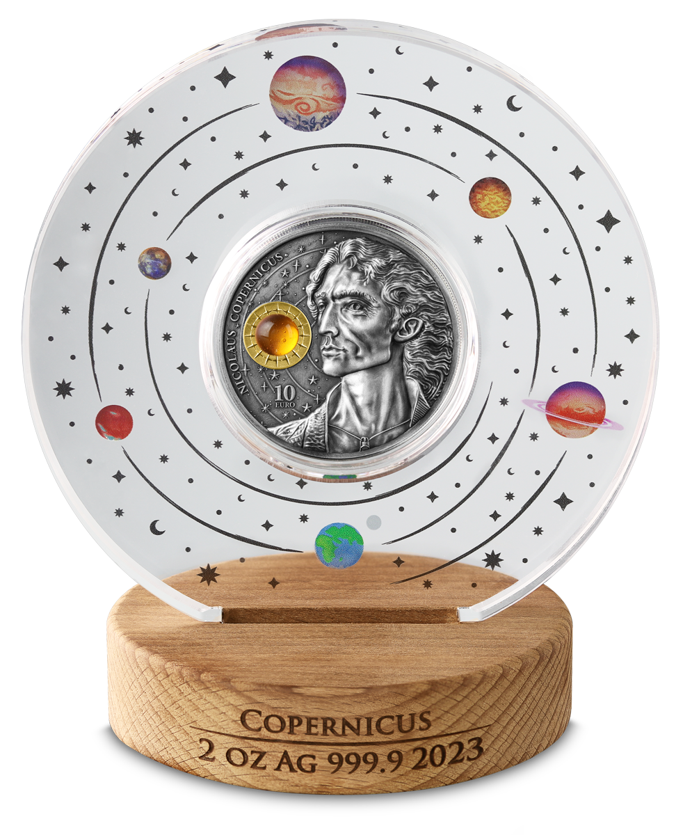 Copernicus 2 oz Silber 999 BU - 2023 Malta - AntikFinish, vergoldet, nummeriert