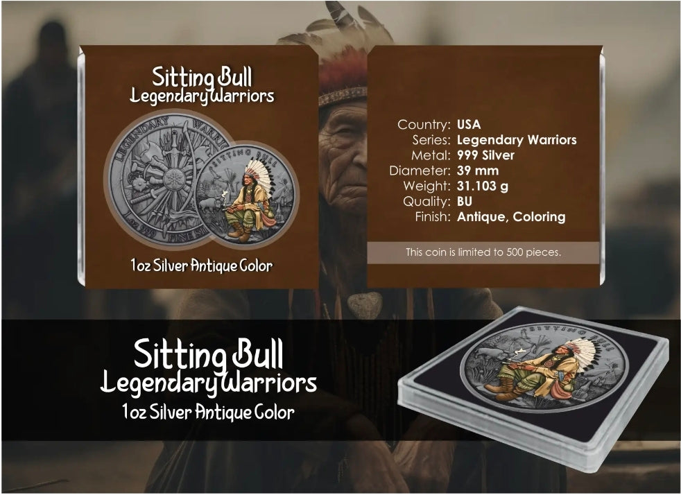 Sitting Bull Legendary Warriors 1 oz Silber Antik Finish koloriert 2025 Antik Farbe
